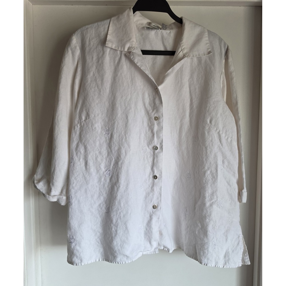 Edward XL White Floral Embroidery Irish Linen Blouse Collared Top Shirt Classic